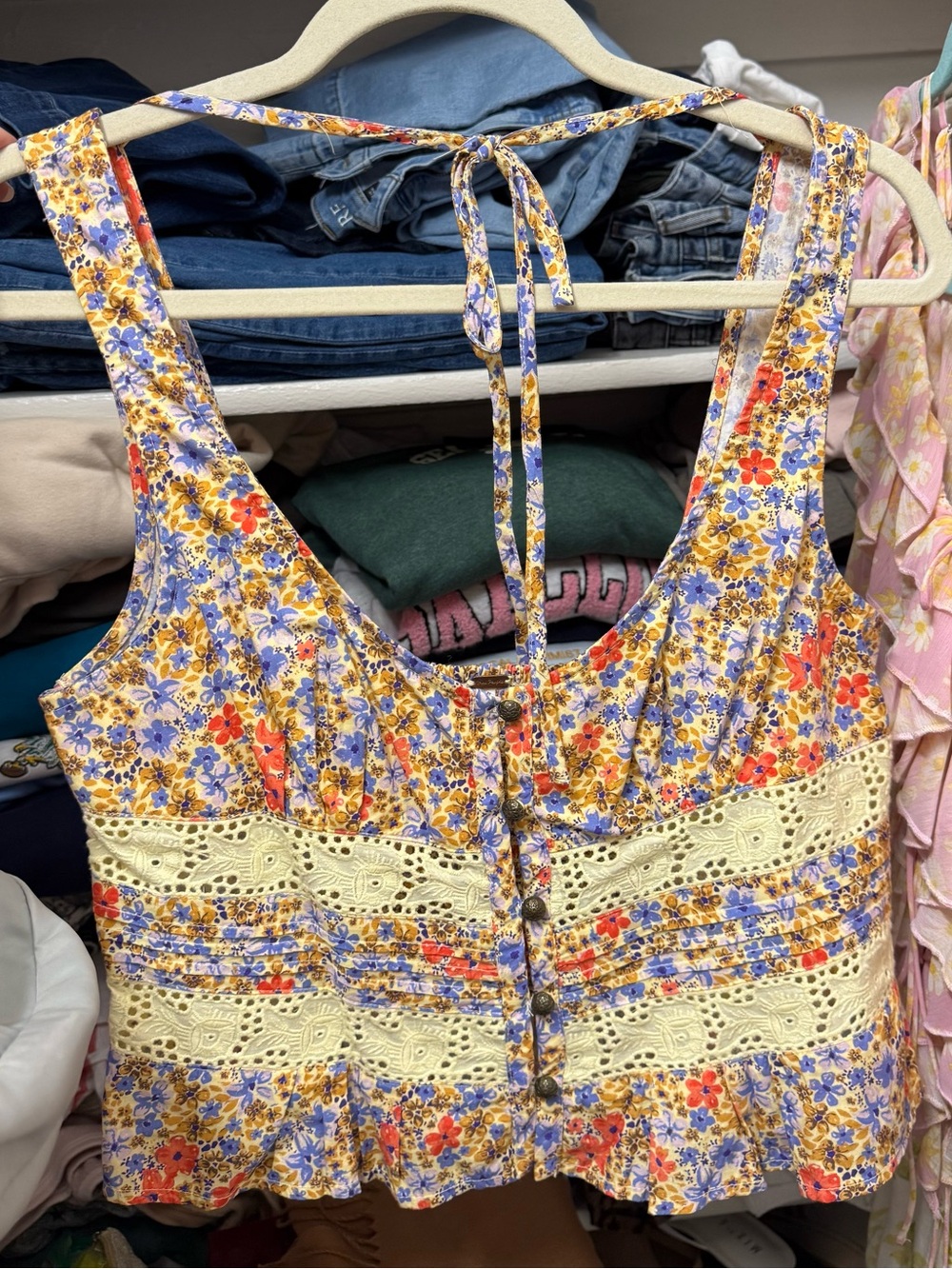 Free People Yellow Floral Crochet-Panel Crop Top